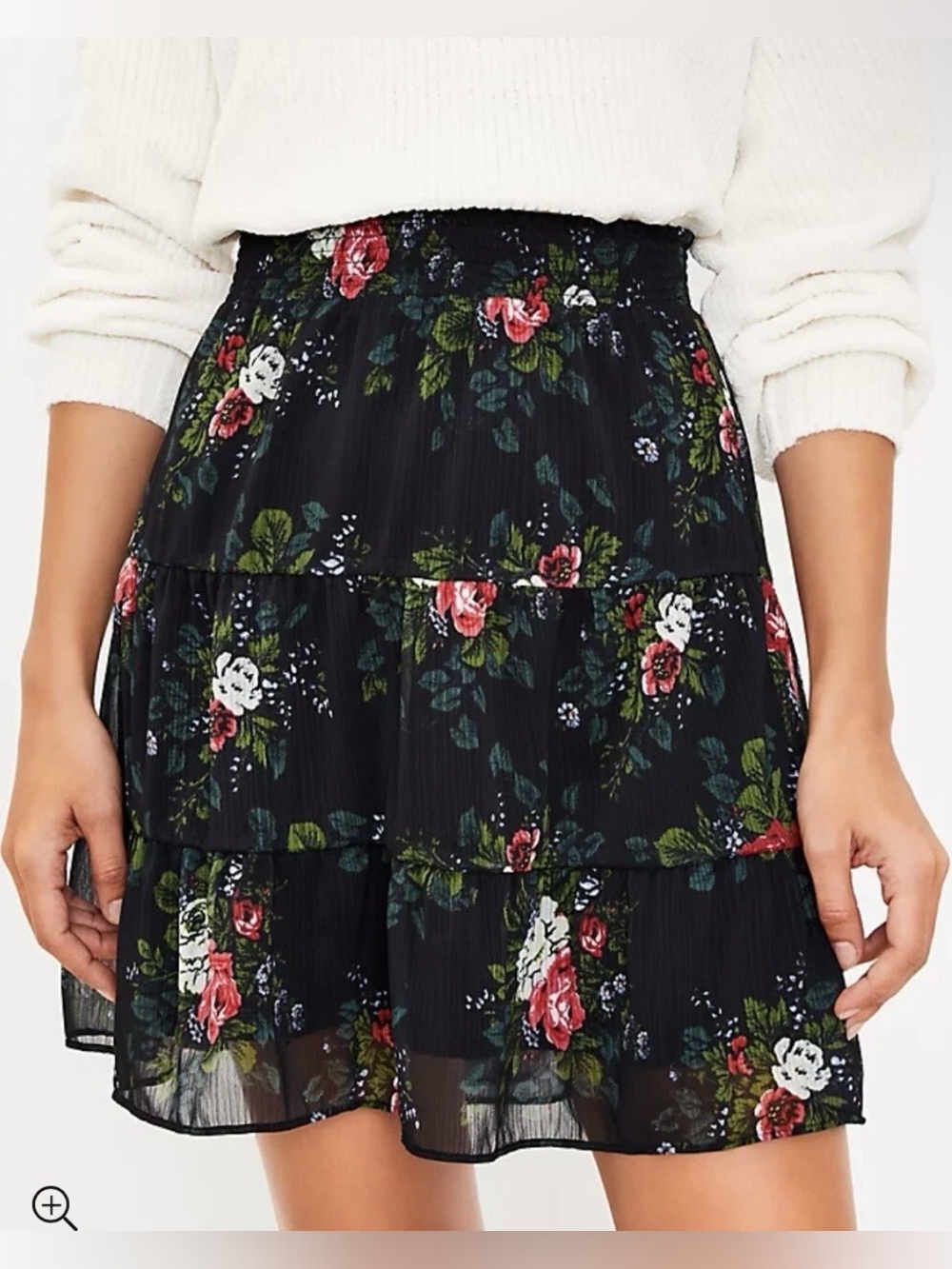LOFT Floral Tiered Chiffon Mini Skirt Women’s M Black Romantic Rose Print